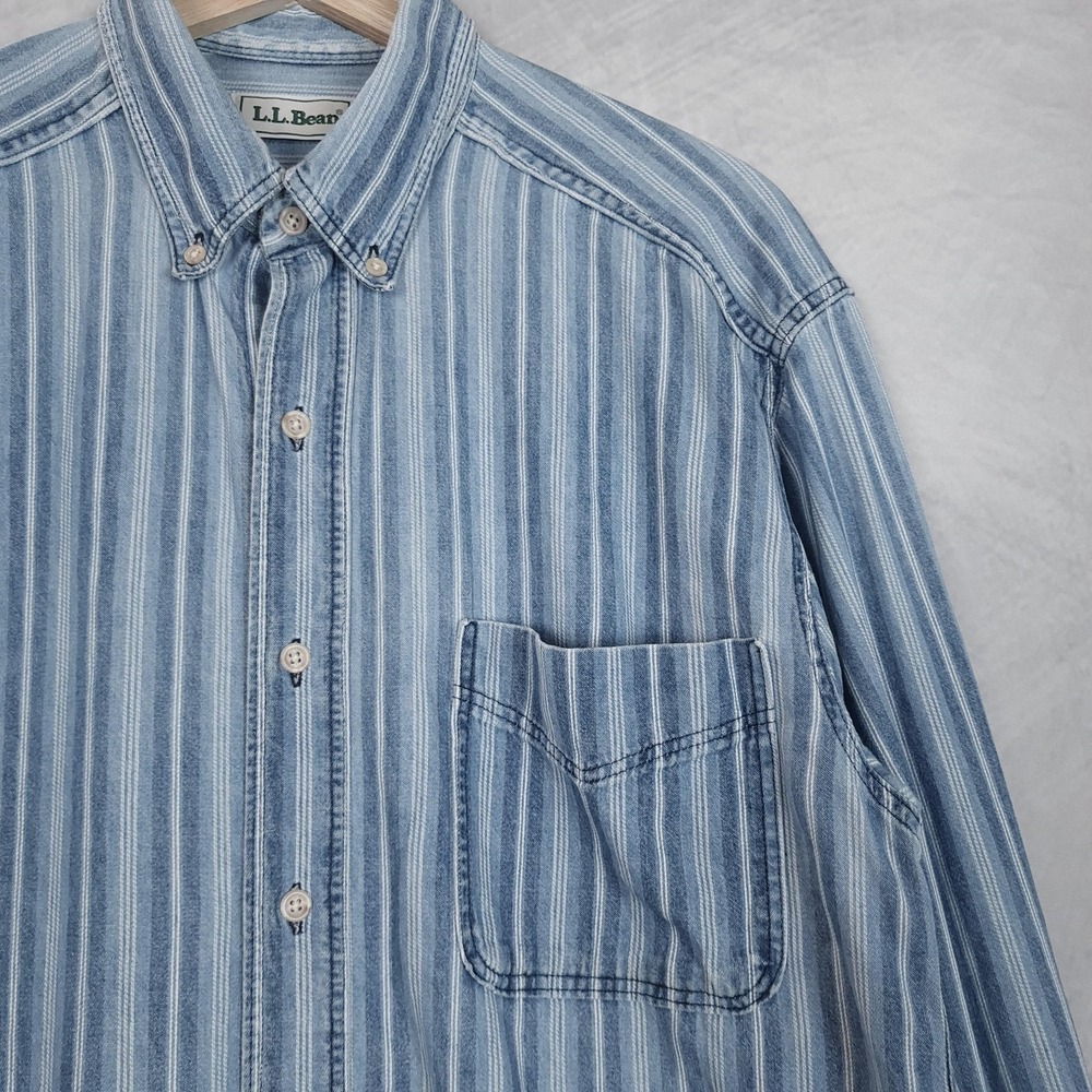 Vintage LL Bean Denim Chambray Shirt Mens Medium Blue Stripe Button Down USA